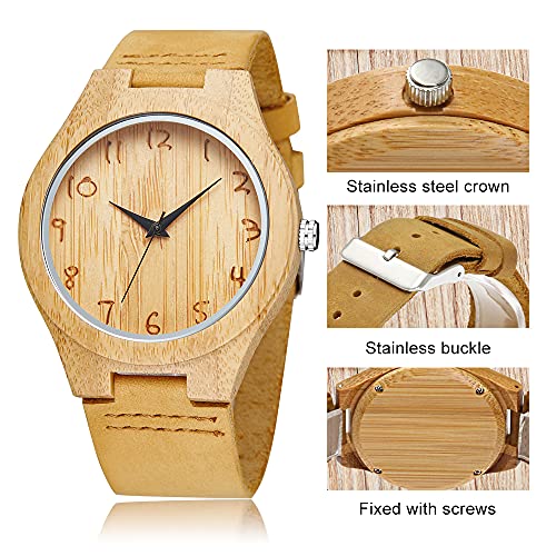 Tiong Men's Quartz Wooden Watch, Square Dial Leather Strap, - Product Imagery