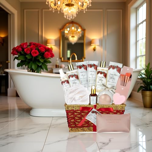 Spa Gift for Women, Red Rose Bath & Body Basket Gift, Spa Gift - Product Imagery