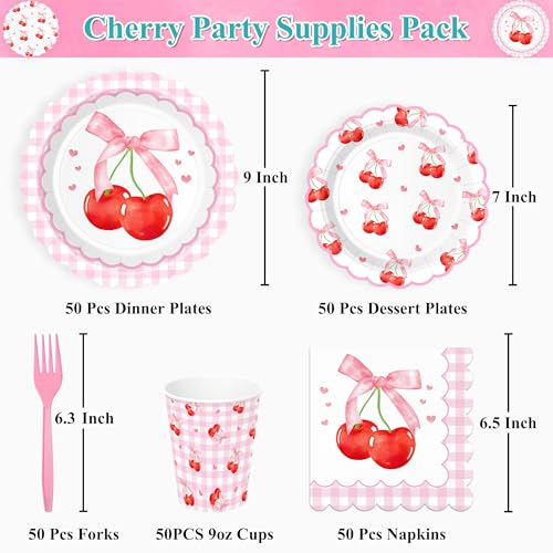 250 PCS Cherry Party Supplies, Service for 50, Cherry Birthday - Product Imagery