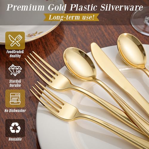 WDF300 Pieces Gold Plastic Silverware - Heavy Duty Disposable - Product Imagery