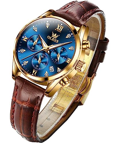 OLEVS Women's Watches Brown Leather Strap Analog Quartz Rose - Product Imagery