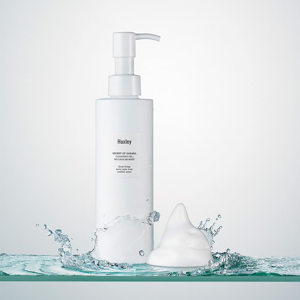 Huxley Secret of Sahara Gel Cleanser, Korean Gel-to-Foam Facial Cleanser for Daily Cleansing, Gentle Hydrating Face Wash for Makeup & Sunscreen Removal | 200 mL / 6.76 fl oz.