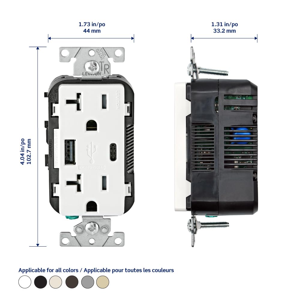 Leviton Type A Type C USB In Wall Charger with 20A Tamper - Leviton Official Imagery - 3