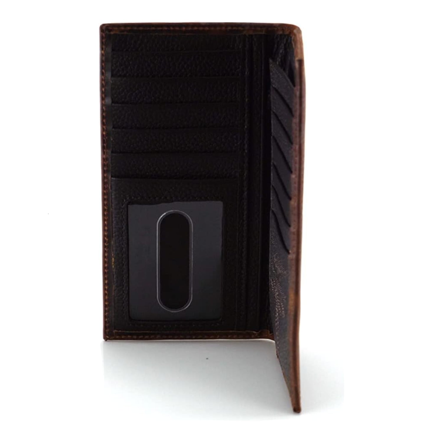 ARIAT men's rodeo wallet in brown genuine leather with distressed USA flag and shield logo design.