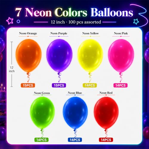 100 Pcs UV Neon Balloons, Neon Glow Party Balloons UV BlackLight - Product Imagery
