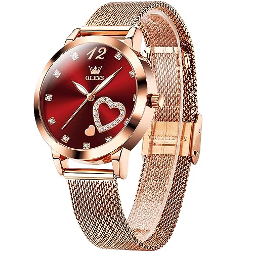 OLEVS Women's Rose Gold Watch, Small Wrist Heart Diamond Mesh - Product Imagery