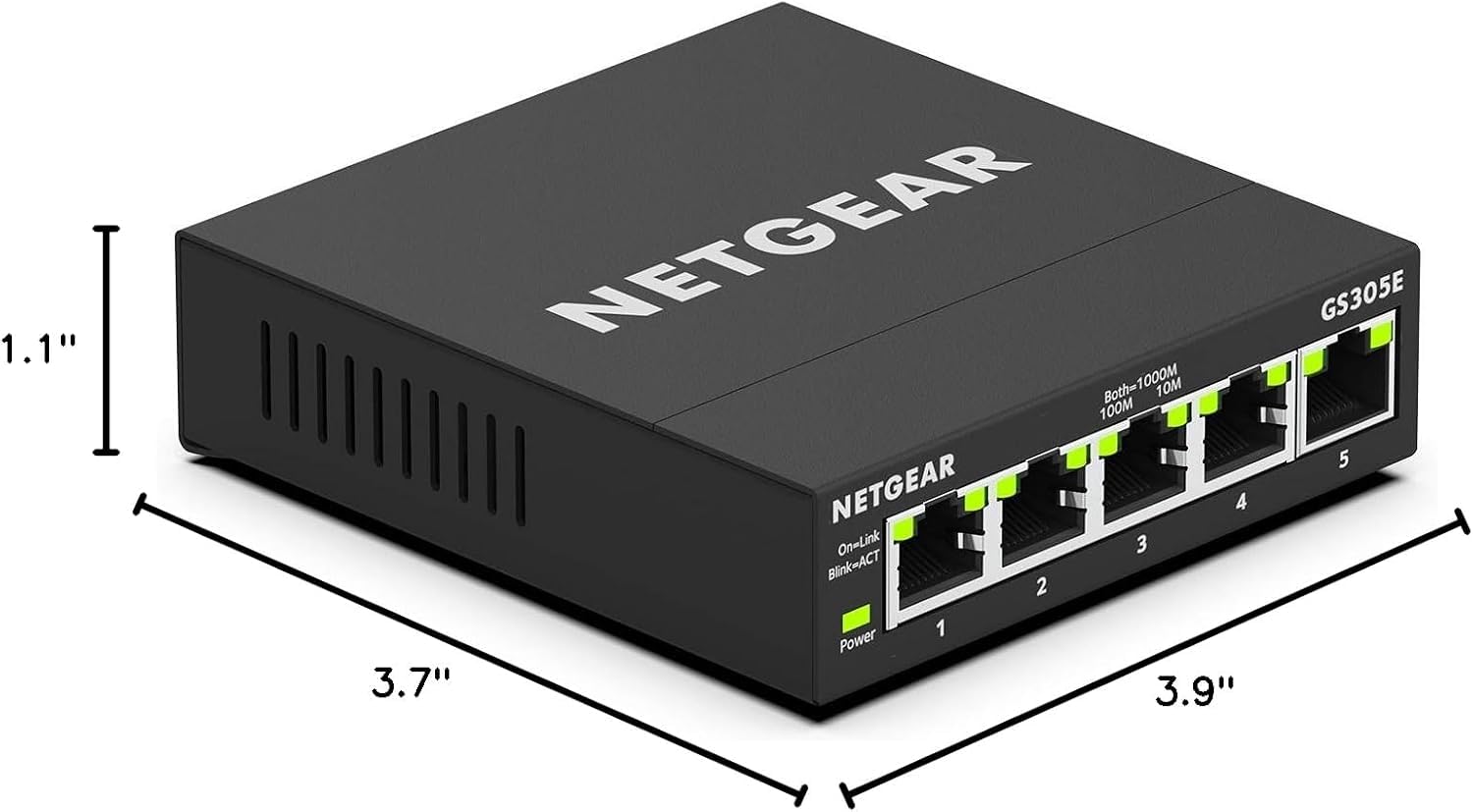 NETGEAR 5-port Gigabit Ethernet managed network switch with LED indicators and compact design.