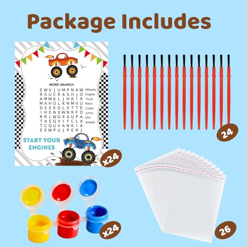 24 Pack Monster Truck Party Favors, DIY Wood Painting Craft Kit - Product Imagery