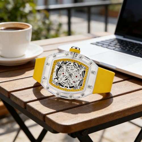Gosasa Men's Transparent Tonneau Quartz Watch, Skeleton-Style - Product Imagery
