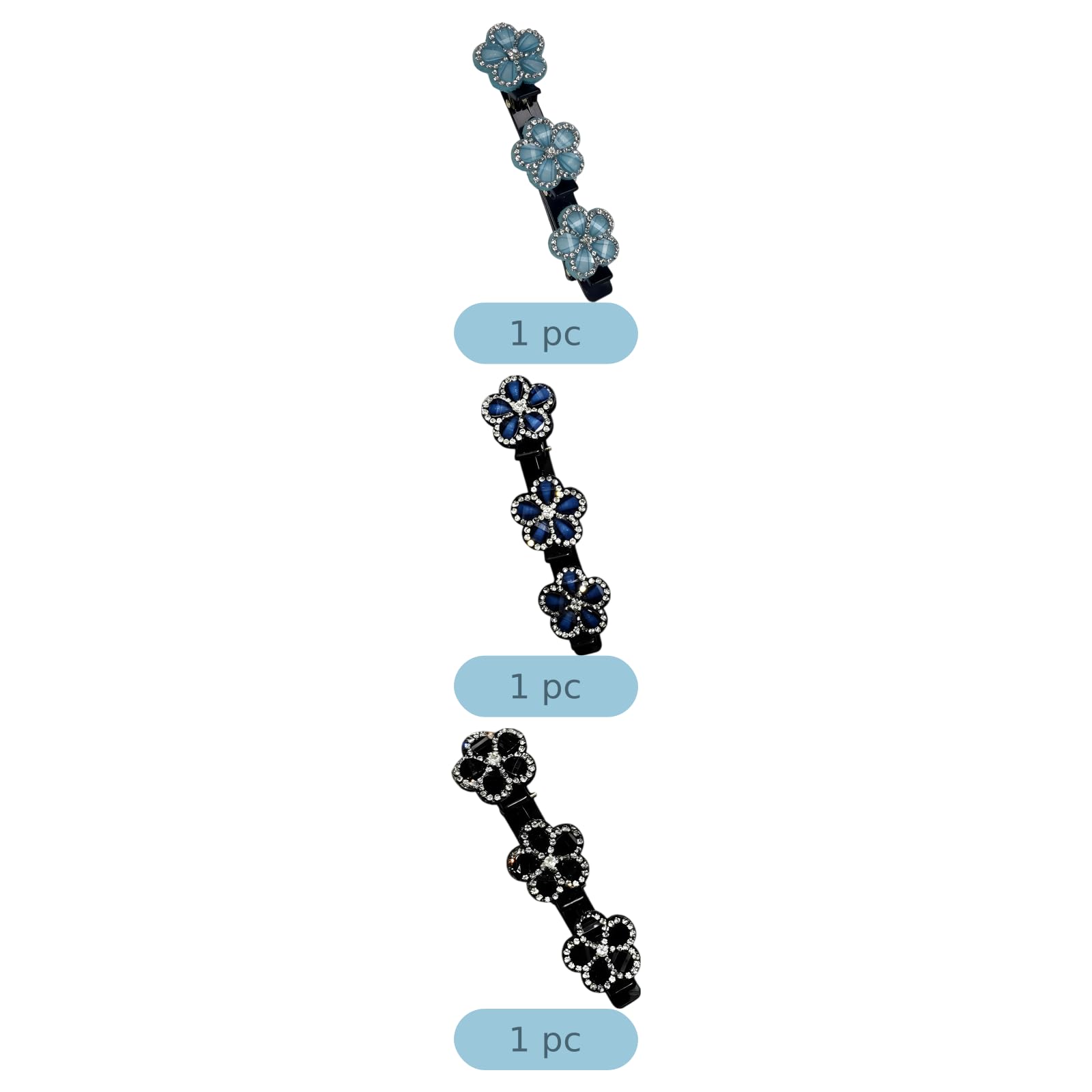 Three braided hair clips with crystal flower accents and rhinestones, 3.7 inches, in blue and black for women’s hair styling.