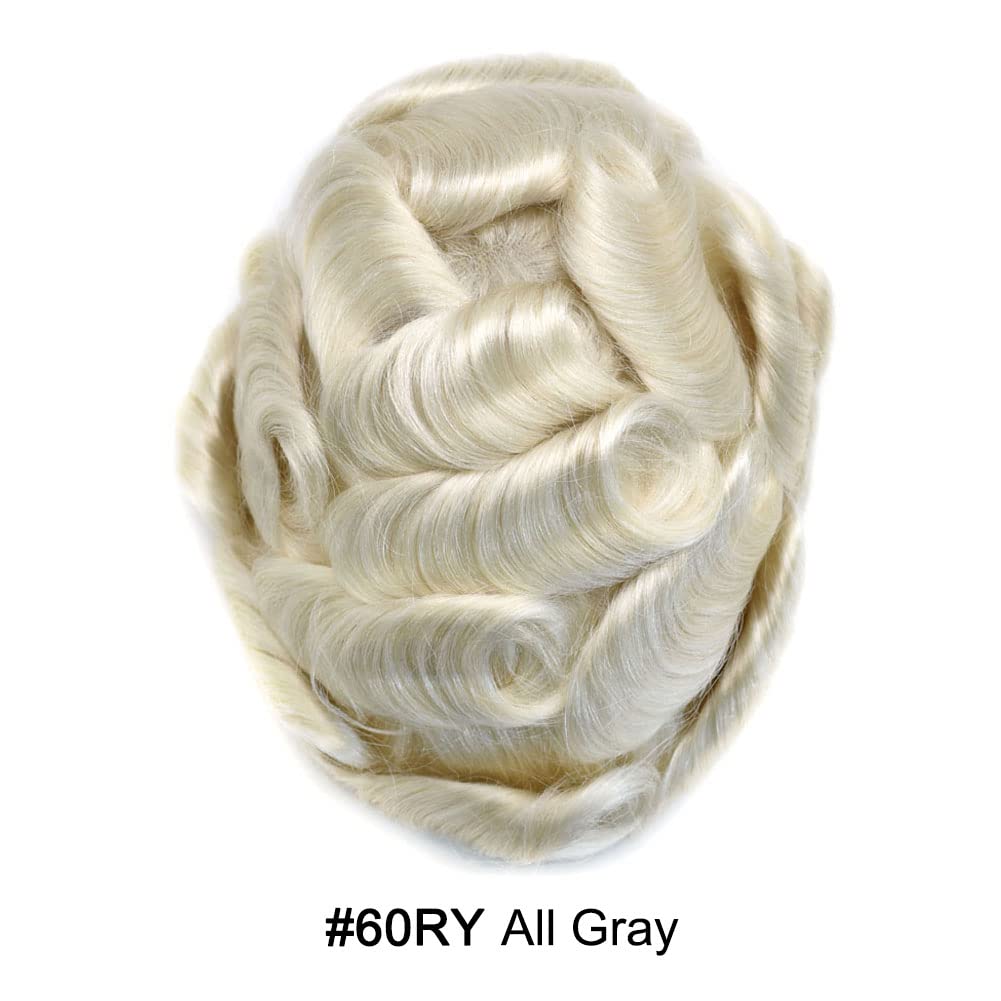 Curve Hair Mens Toupee Human Hair Piece Replacement System Monofilament Wig Hair Unit for Men Durable Poly Coated Mens Hairpiece (#60RY All Gray, 7"X9")
