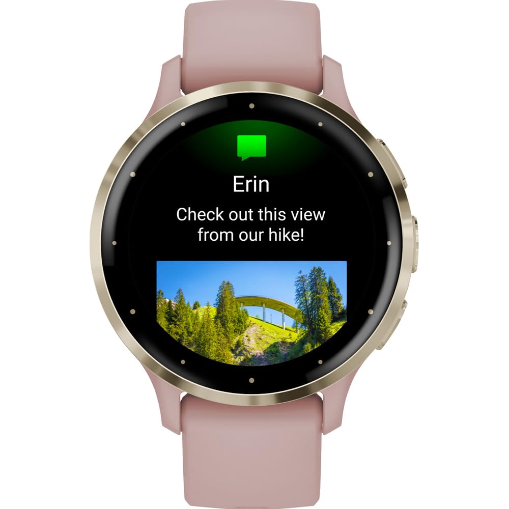 Garmin Venu 3S refurbished smartwatch with soft gold stainless steel bezel, 1.2-inch AMOLED display, rose case and band.