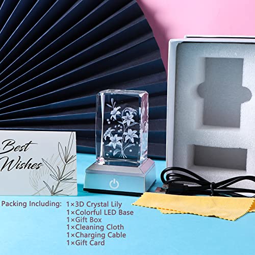 3D Engraving Crystal Cube Lily Flower with Colorful Base, - Product Imagery