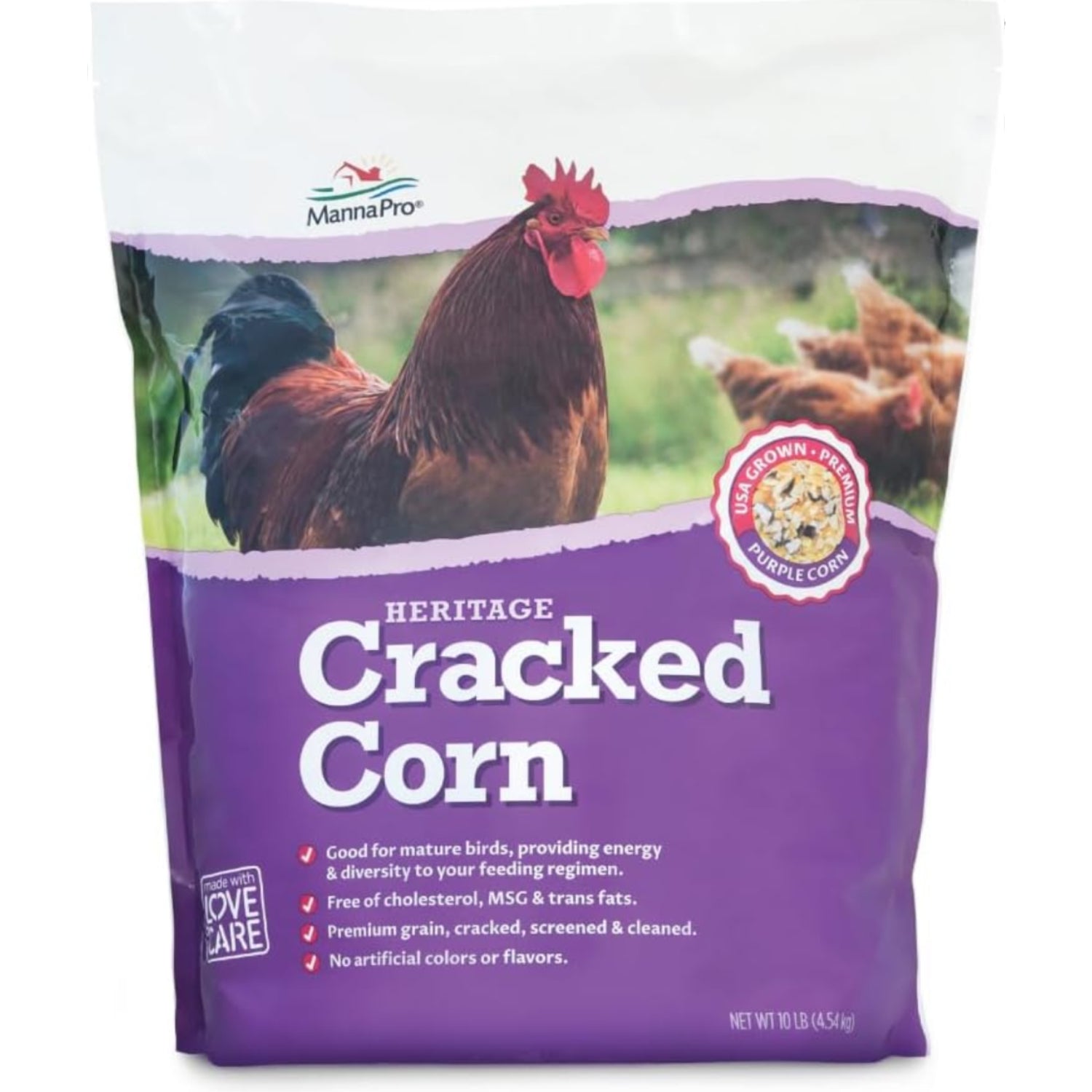 Manna Pro Heritage USA purple corn blend chicken scratch feed in a 10 lb bag, natural treat for chickens and ducks, supports digestion.