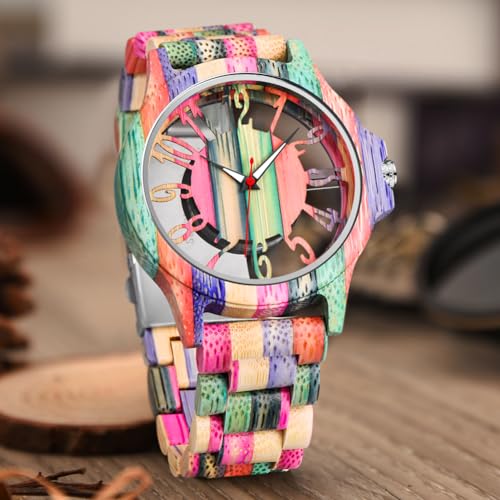 Wooden Watches for Men Handmade Colorful Bamboo Engraved Wood - Product Imagery
