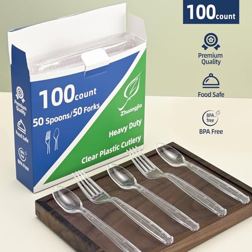 100 Count Plastic Silverware Heavy Duty 50Forks50Spoons - Product Imagery