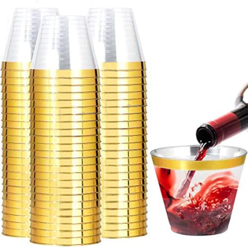 I00000 200 Pack Gold Plastic Cups, 9 OZ Elegant Gold Rimmed - Product Imagery