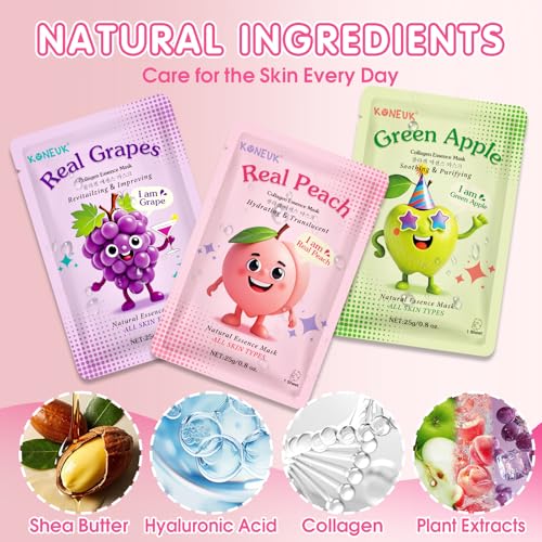14 Pack Fruit Face Masks Skincare for Kids, Sheet Hydrating - Product Imagery