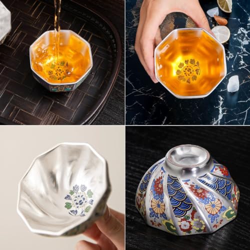 999 Pure Silver Chinese Gongfu Tea Cup, Enamel Floral Ceramic - Product Imagery