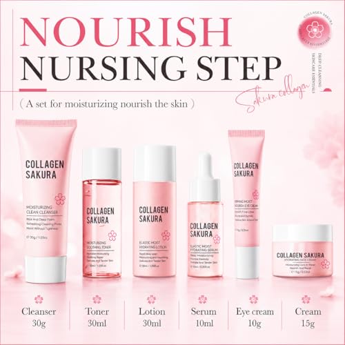 Collagen Sakura Skincare Travel Kit, 6-Piece Facial Care Set - Product Imagery