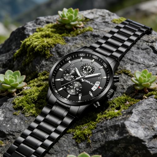 CRRJU Men's Fashion Stainless Steel Black Waterproof Quartz - Product Imagery