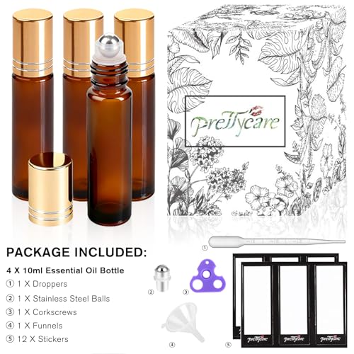 PrettyCare 4 Pack Amber Glass Oil Roller Bottles for Essential - Product Imagery