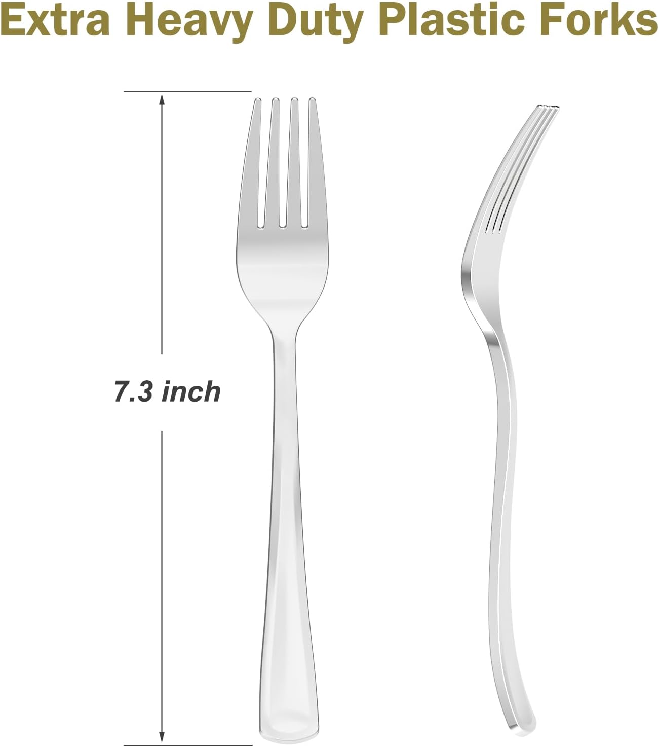 Set of 100 Dealusy heavy-duty silver plastic forks, BPA-free disposable utensils suitable for hot foods and outdoor events.