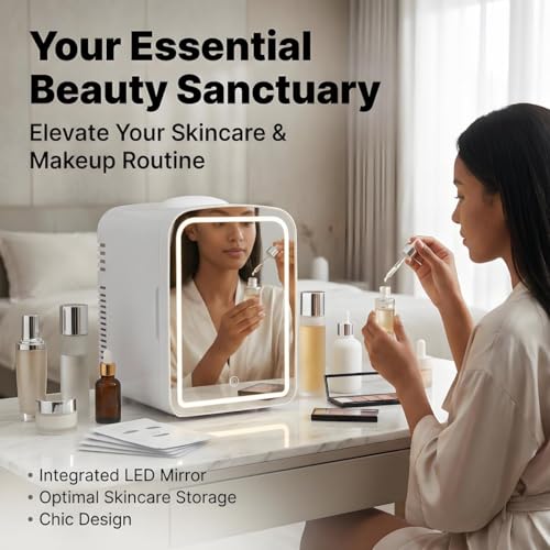 Lispin 4L Mini Skincare Refrigerator with Dimmable LED Mirror, - Product Imagery
