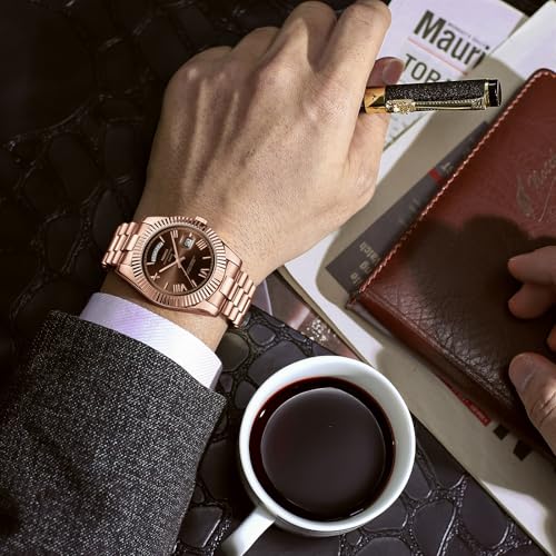 NIBOSI Men's Analog Quartz Watch, Rose Gold Stainless Steel, Day - Product Imagery