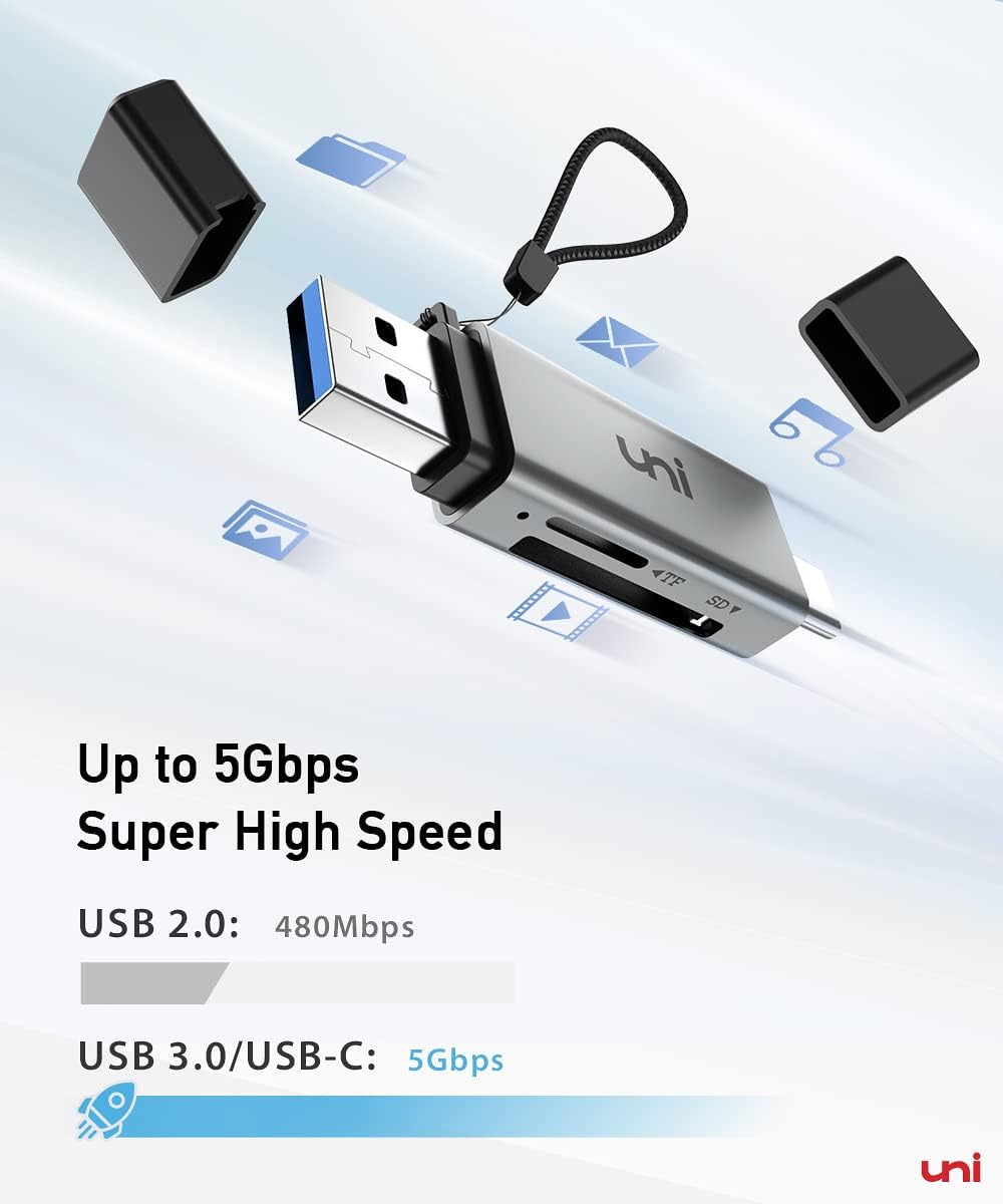 uni USB C to Micro SD card reader with dual slots, high-speed USB 3.0 adapter for fast data transfer