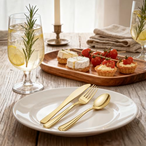 WDF300 Pieces Gold Plastic Silverware - Heavy Duty Disposable - Product Imagery