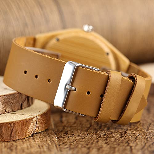 Tiong Men's Quartz Wooden Watch, Square Dial Leather Strap, - Product Imagery