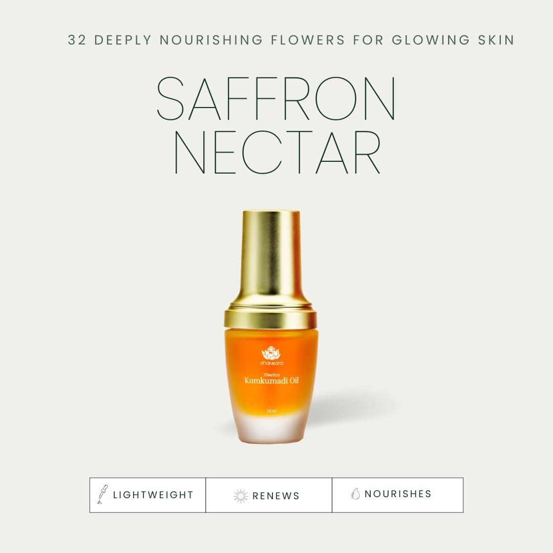 Shankara Kumkumadi Oil for Face featuring pure saffron and 32 Ayurvedic flowers in a glass bottle, ideal for skincare.