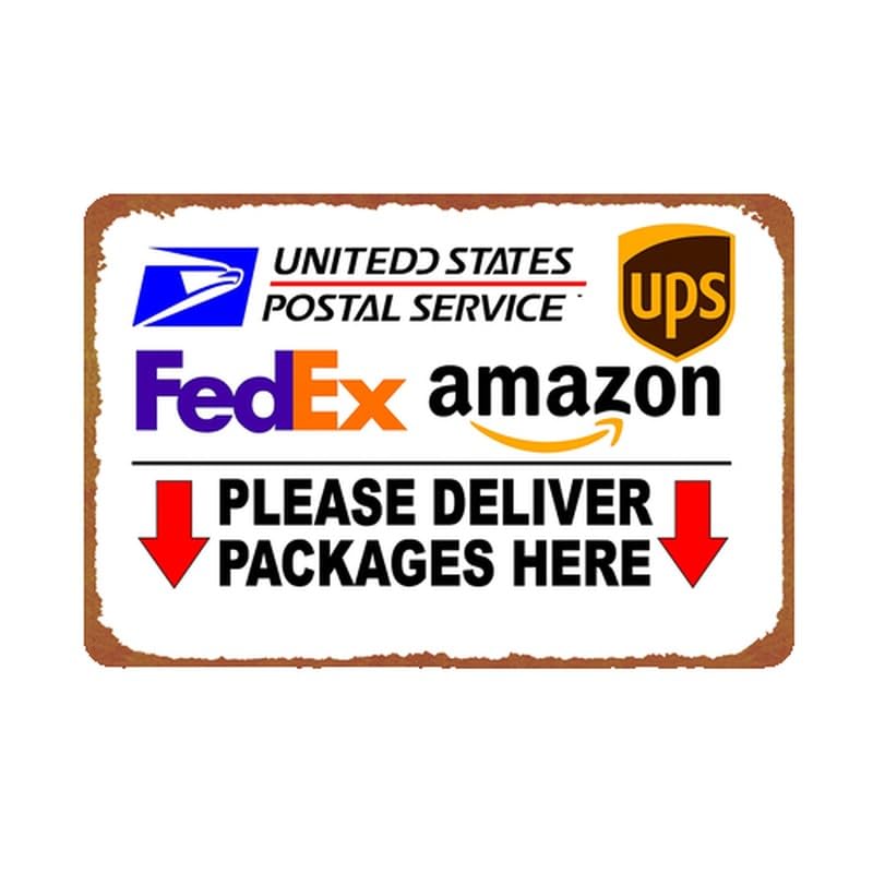 Vintage Delivery Packages Here Print Metal Sign 8x12 Inch - Product Imagery