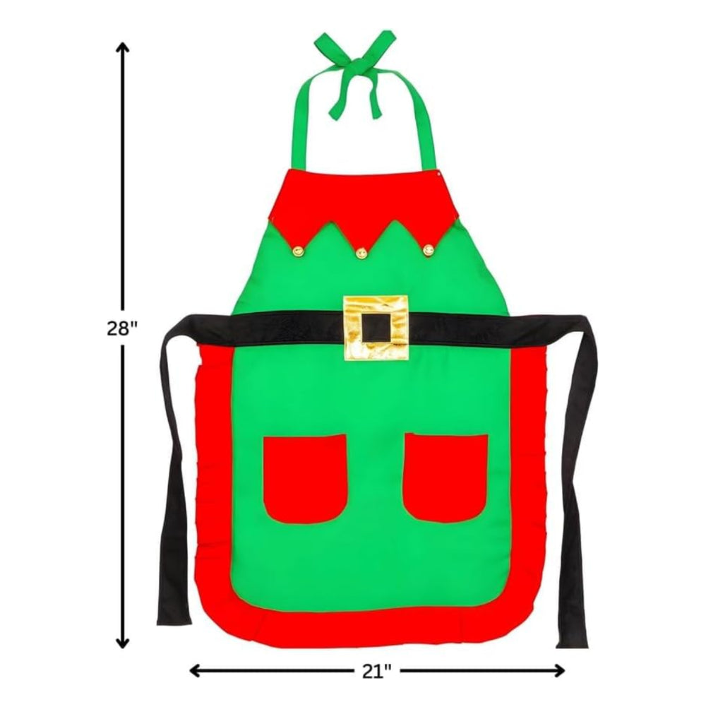 Red and green elf apron for teens and adults, premium fabric, standard size, featuring festive elf design by Amscan.