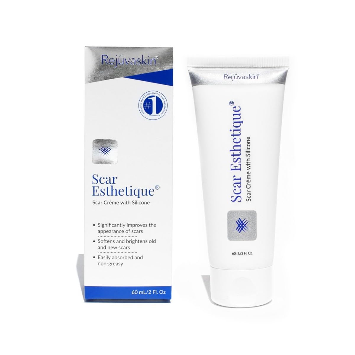 Rejuvaskin Scar Esthetique scar cream with polypeptides and antioxidants in a 2-ounce jar, designed to improve scar appearance.