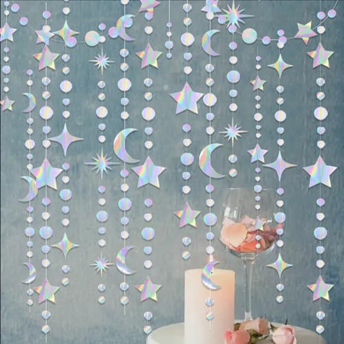 4 Pack Multi Iridescent Party Garland Star&Moon Holographic - Product Imagery