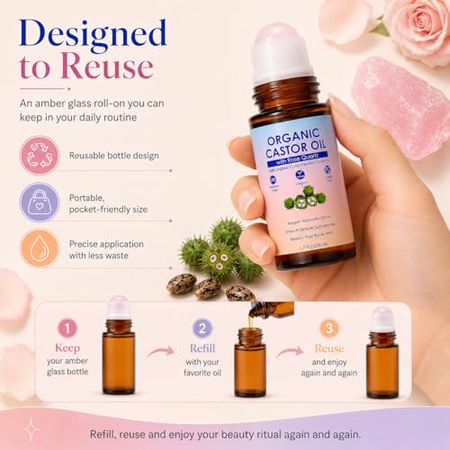 Organic Castor Oil Rose Quartz Roller Ball – 100% Cold Pressed - Product Imagery
