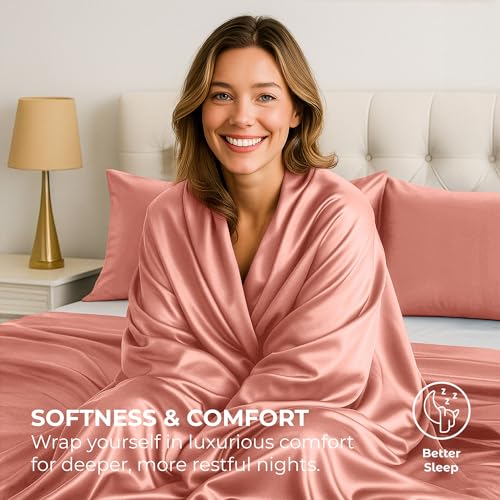Satin Sheets Twin [3-Piece, Blush Pink] Hotel Luxury Silky Bed - Product Imagery