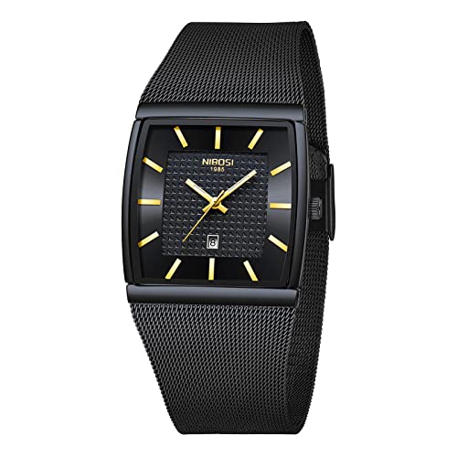 NIBOSI Men's Analog Watch, Square Dial Mesh Strap, Date Display - Product Imagery