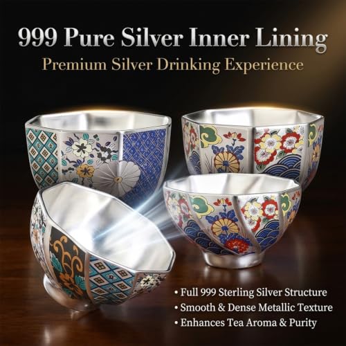 999 Pure Silver Chinese Gongfu Tea Cup, Enamel Floral Ceramic - Product Imagery