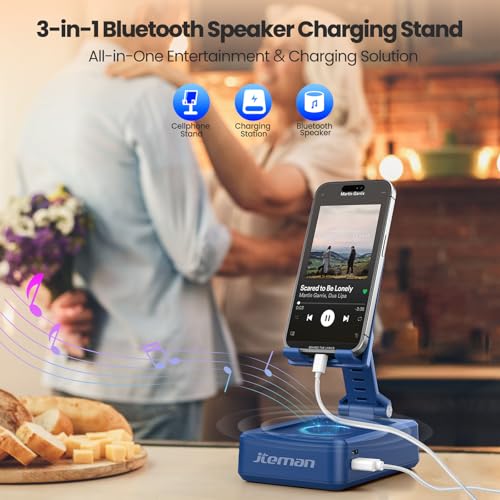 JTEMAN Cell Phone Stand with Bluetooth Speaker and Charging - Product Imagery