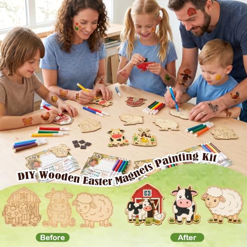 24 Pcs Farm Animal Party Favors, DIY Wooden Painting Crafts Kit - Product Imagery