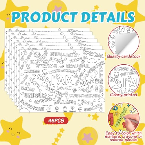 45pcs Positive Affirmations Disposable Coloring Placemats - Product Imagery