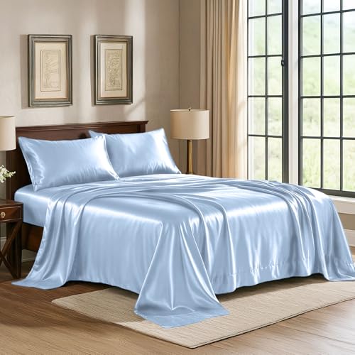 Satin Sheets Twin [3-Piece, Baby Blue] Hotel Luxury Silky Bed - Product Imagery