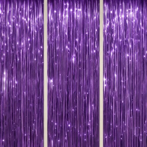 DECOCKRAT 3 Pack Foil Fringe Backdrop - Purple Shiny Tinsel - Product Imagery