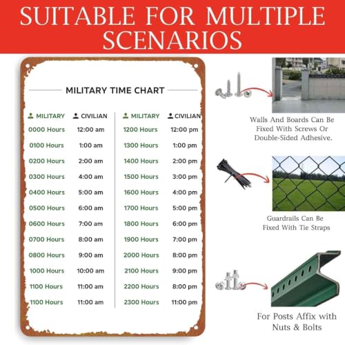 8x12 Inch Aluminum Military Time Conversion Chart, Metal Wall - Product Imagery
