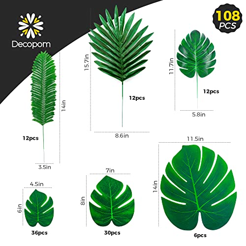 108 Pack Palm Leaves Artificial Tropical Monstera - 6 Kinds - Product Imagery