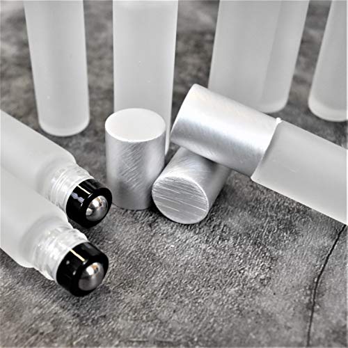 12-Pack Frosted Clear Glass Roller Bottles with Brushed Silver - Product Imagery