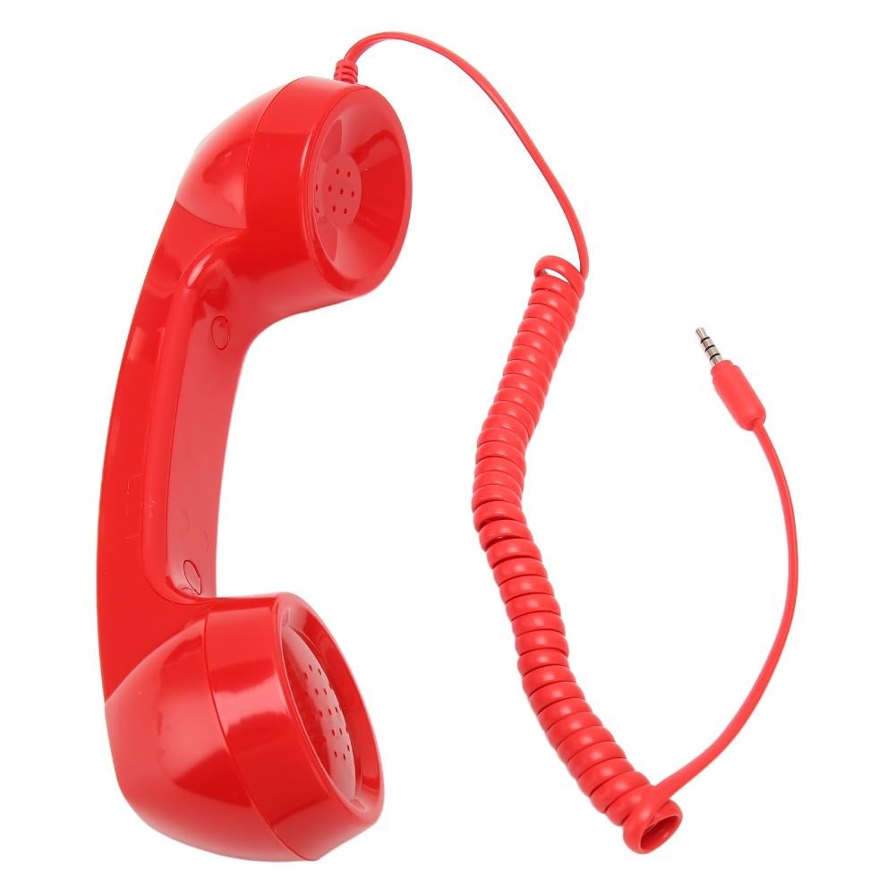 MOPFOL retro phone handset with coiled cord, 3.5mm jack, red anti-radiation design, vintage style handheld receiver for smartphones
